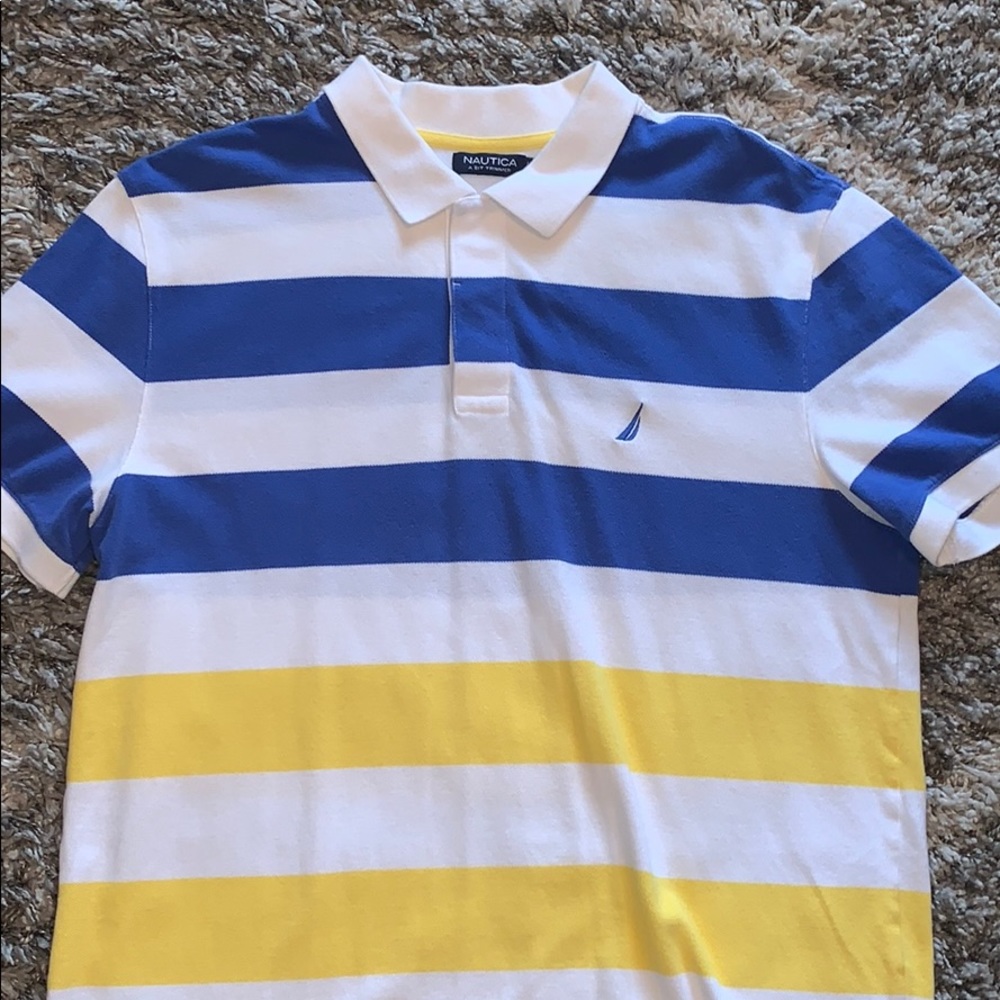 Nautica blue,white, and yellow collared shirt